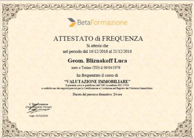 Attestato Valutazione immobiliare Luca Bliznakoff